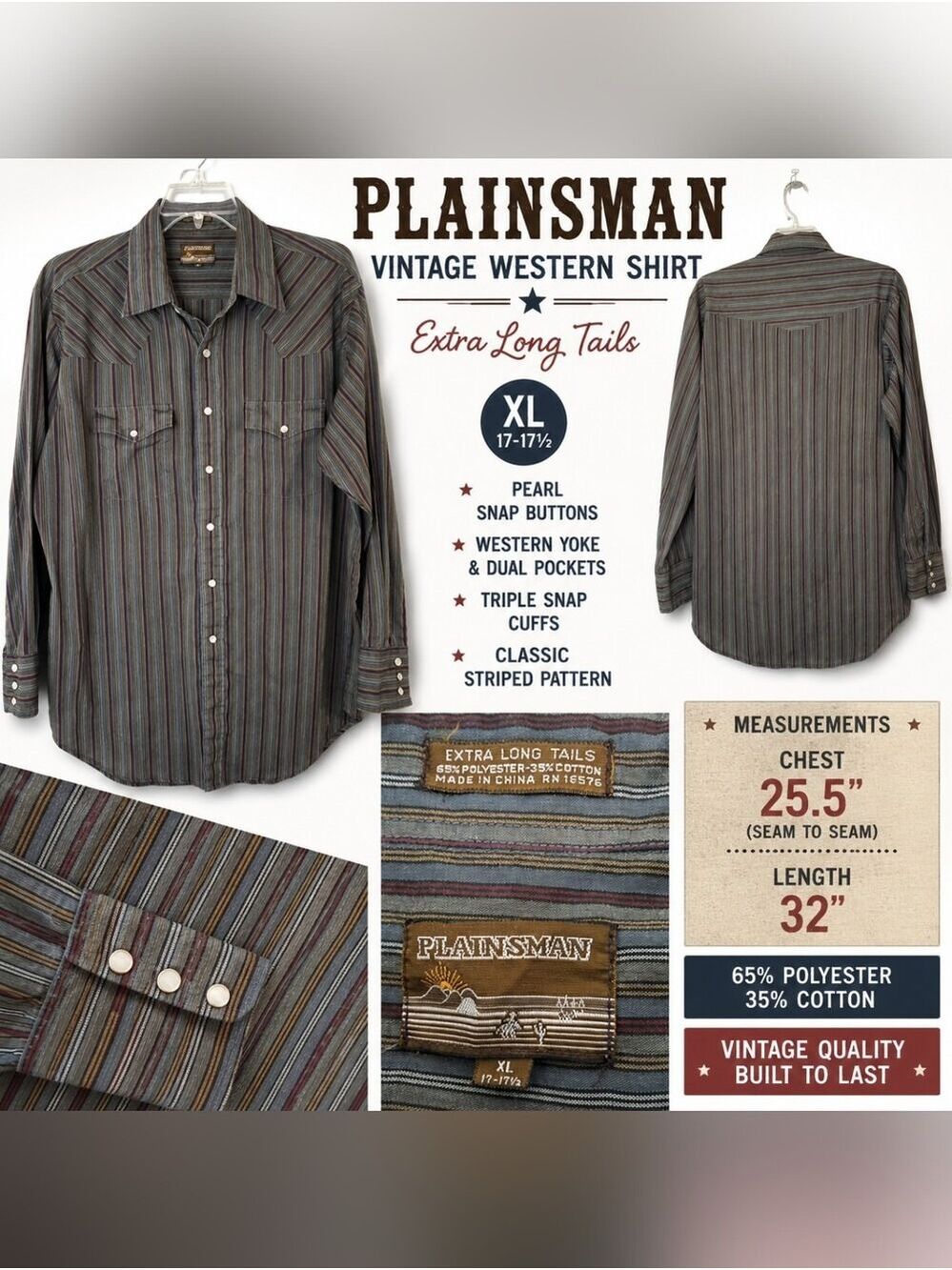 Vintage Plainsman Western Snap Shirt XL Extra Long Tails Striped Pearl Snap